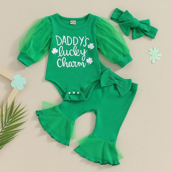 Kleidungssets Mein erstes St. Patrick S Day Outfit für Baby Mädchen Briefdruck Kurzarm Strampler Vierblättriges Kleeblatt Schlaghose Stirnband Set