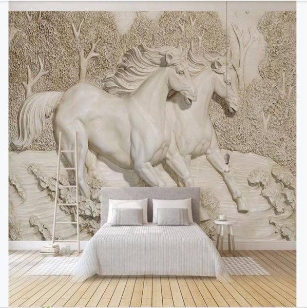 Personalizado 3d mural papel de parede po papel de parede 3d tridimensional em relevo cavalo branco quarto sala tv fundo mural w3799194
