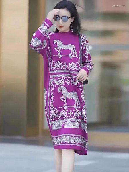 Suéteres femininos outono inverno roxo impressão de malha pullovers de lã moda feminina casual grosso quente 2023 coreano elegante solto