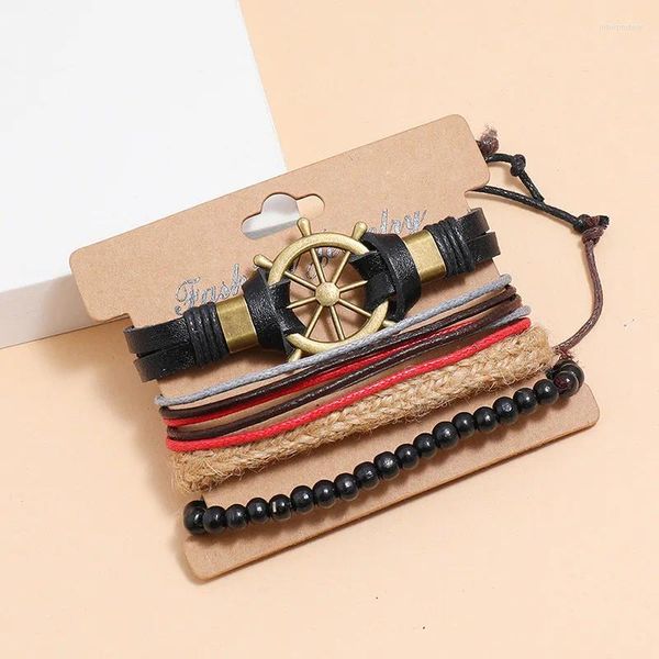 Charm-Armbänder Lederarmband für Männer Schmuck Einfaches Retro-Schiffsruder Gestrickt DIY 4-teiliges Kombinationspaar