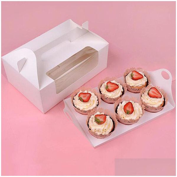 Party Favor Papier Cupcake Box mit Fenster 6 Löcher Kuchen Muffin Verpackung Boxen Hochzeit Geburtstag Geschenk Halter Verpackung Liefert ZA4021 Dro Dhpui