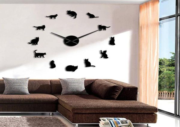 Gatti senza cornice Silhouette Orologio da parete Orologio da parete Gattini Orologio da parete 3D fai da te Forma di gatto giocoso Aghi grandi Kit camera da letto Decorazione 208442406