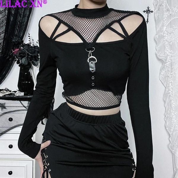 Kadın Tişörtleri Goth Siyah Mesh Out Uzun Kollu Korse Mahsul Üst Y2K Seksi Moda Tişörtleri Kadın Tees Vintage Gotik İnce Üstler