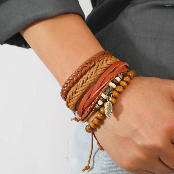 Bracelets de charme 4-PCS Tecida folha de moda masculino Bracelete de couro Men