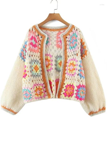 Frauen Badebekleidung 2023 Herbst/Winter Boho handgefertigtes Hohlaushaken Blume Häkelplaid Kimono Frauen Langarm Strandbedeckungen Strandbekleidung