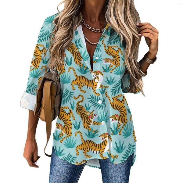 Женские блузки Зеленый тигр Tattoo Art Повседневная блузка с животным принтом Kawaii Design Женская уличная рубашка с длинными рукавами Весенний топ большого размера