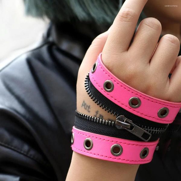 Bangelmodentrend genommenes Lederarmband Punk Männer Frauen Unisex rundes Loch mittlerer Reißverschluss Breiter Handschmuck