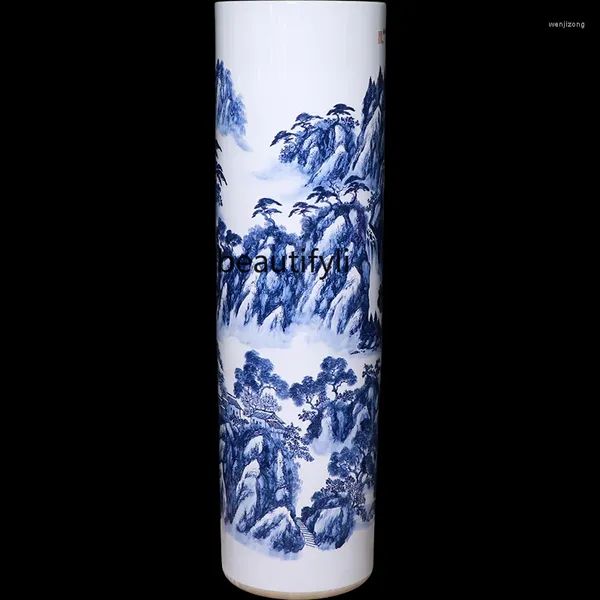 Vazo jingdezhen seramik büyük vazo el boyalı mavi ve beyaz porselen zemin büyük düz bacak oturma odası ev süslemeleri