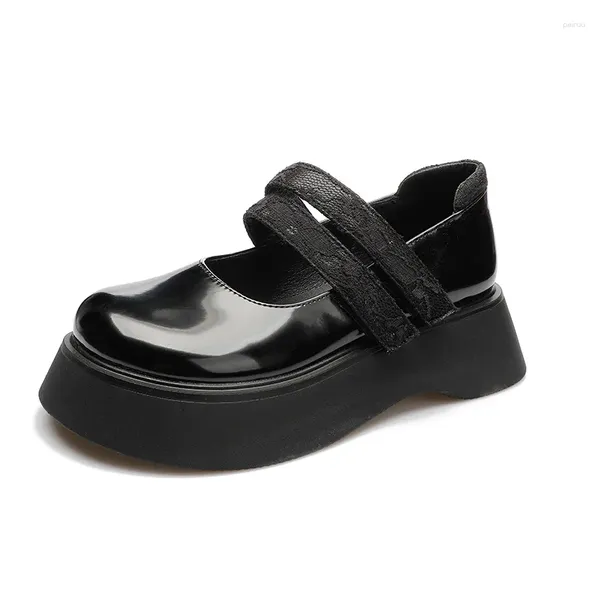 Scarpe eleganti Primavera 34-39 Studentessa Pelle Estate Testa tonda Pizzo Nero scuro Grande bambola Tutto-fiammifero Fondo spesso Mary Jane