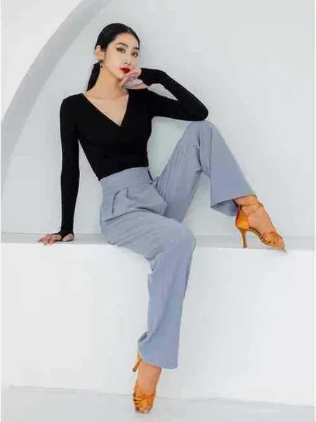 Abbigliamento da palco Pantaloni da pratica di danza latina tinta unita Pantaloni da valzer da donna Costume da valzer jazz a vita alta Pantaloni classici a gamba larga