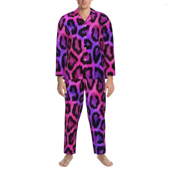 Herren-Nachtwäsche, zweifarbiger Pyjama, männlicher Geparden-Druck, romantisches Freizeit-Herbststück, Retro-Overall-Design, Heimanzug