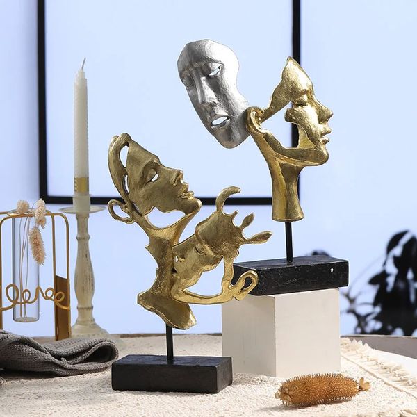 Resina Golden casal Mask estátuas de arte abstrata amante estatuetas casas interiores quarto decoração de desktop acessórios Objetos 231227
