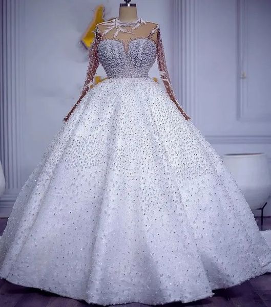 Arabisch Aso Ebi Plus Size Weißes Hochzeitskleid Sheer Perlen Perlen Luxuriöse Lange Ärmel Brautkleider Vestidos De Novia Robe Mariage