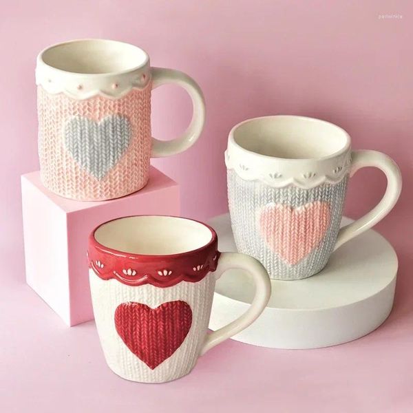 Tassen, 480 ml, große Keramik-Kaffeetasse, Kawaii-Bowknot-Teetasse, rosa Wolle, strickend, spülmaschinen- und mikrowellengeeignet