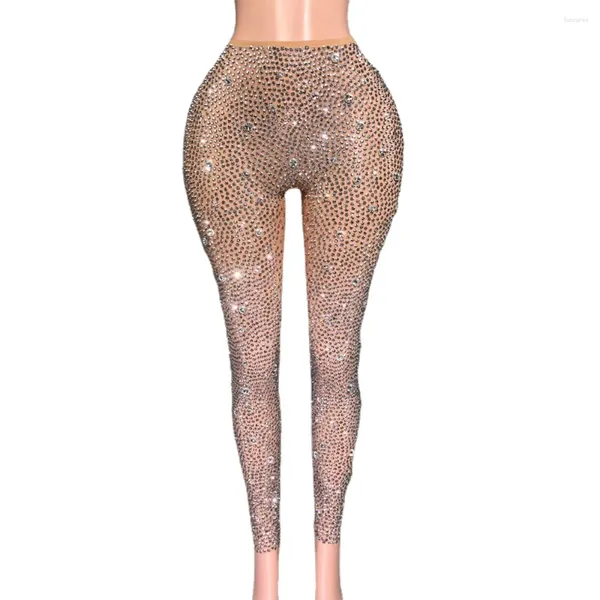 Bühnenkleidung, glitzernde silberne Strass-Hosen für Frauen, sexy transparente Mesh-Leggings, Sänger-Tänzer-Performance-Tanzkostüm