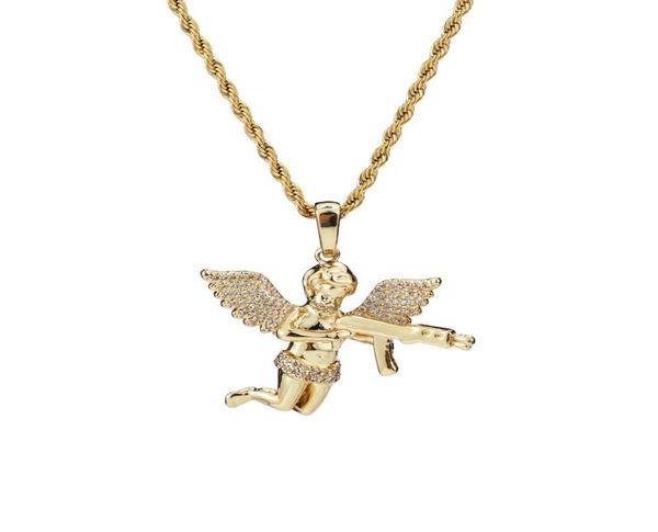 Top-Qualität Schmuck Zirkon Gold Silber Niedlicher Engel Baby Carry Gun Stuff Anhänger Halskette Seil Kette für Männer Frauen8191171