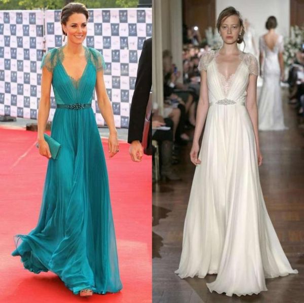 Neue Kate Middleton in Jenny Packham Transparente Abendkleider mit Flügelärmeln Formelle Promi-Kleider auf dem roten Teppich Spitzen-Chiffon-Abend 8411186