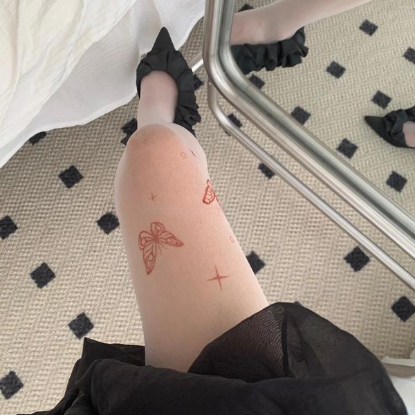 Mulheres meias borboleta tatuagem collants y2k menina lolita kawaii bonito meia-calça ultra-fino náilon coxa meias altas