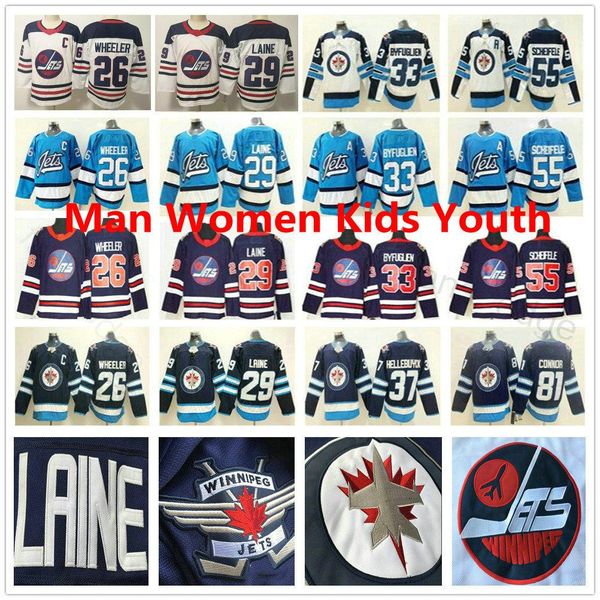 2020 Winnipeg Jets Hóquei no Gelo 26 Blake Wheeler 29 Patrik Laine 37 Connor Hellebuyck 81 Kyle Connor 55 Mark Scheifele Homens Mulheres Crianças Jerseys