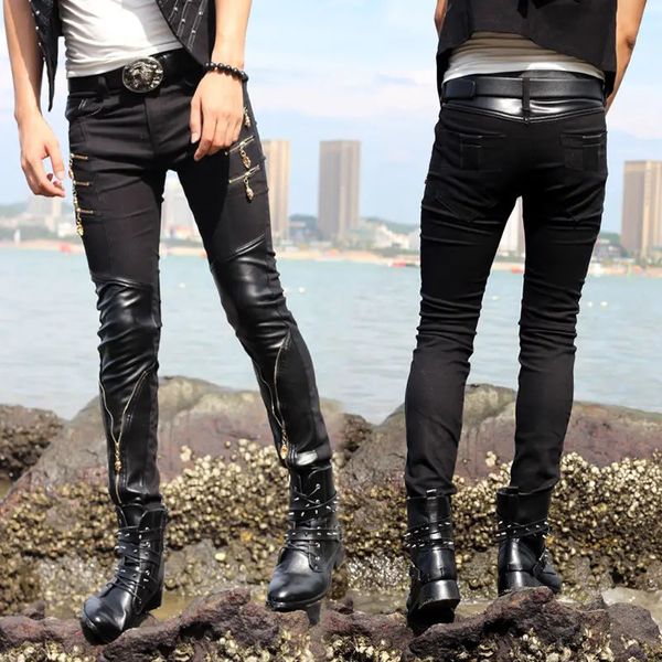 Idopy moda masculina casual calças de couro falso algodão retalhos zíperes preto punk magro ajuste festa calças do plutônio para o sexo masculino 231228