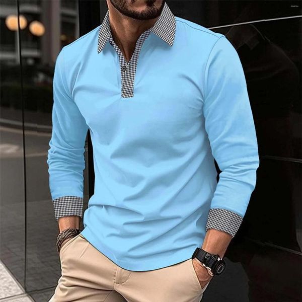 Erkekler Tişörtleri Dönüşü Down-Down-yaka Tişörtler Erkek Polo Gömlek Uzun Kollu Düğme Renk Eşleşen Spor Üstleri Günlük Sıradan Nefes Alabilir