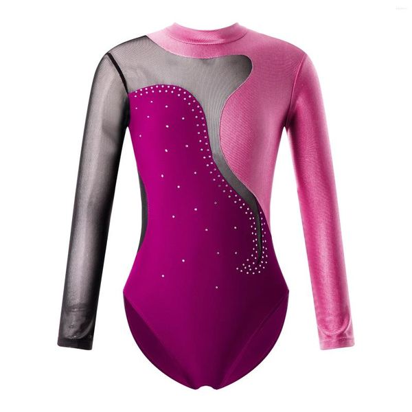 Abbigliamento da palco Bambina per bambini Body da balletto Manica lunga Schiena cava Strass lucidi Colore a contrasto Body Ginnastica Pattinaggio di figura Dancewear