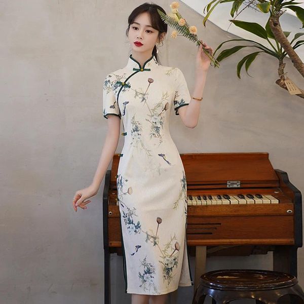 Vestidos de festa S-5xl Literary and Artistic Impressed Dress Tang Dress for Women Chinese Retro Frostle Flower Midi feminino