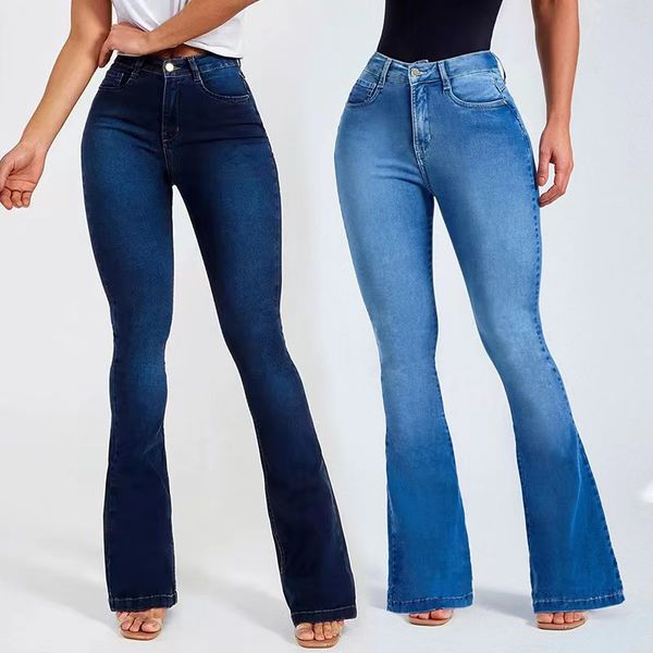 Jeans Hosen Damen High Waist Skinny Jeans Distressed Stretch Denim Flare Hose Blau Plus Size Kleidung