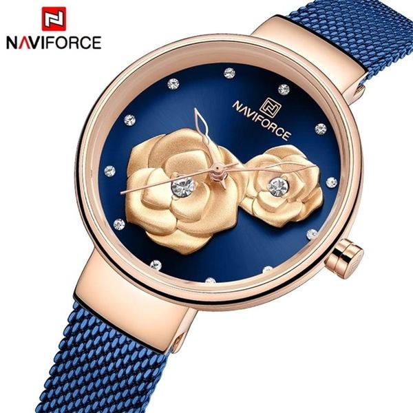 NAVIFORCE Frauen Uhr Top Marke Rose Gold Blau Quarz Damen Uhren Stahl Mesh Wasserdichte Armbanduhr für Mädchen Relogio Feminino 20271c