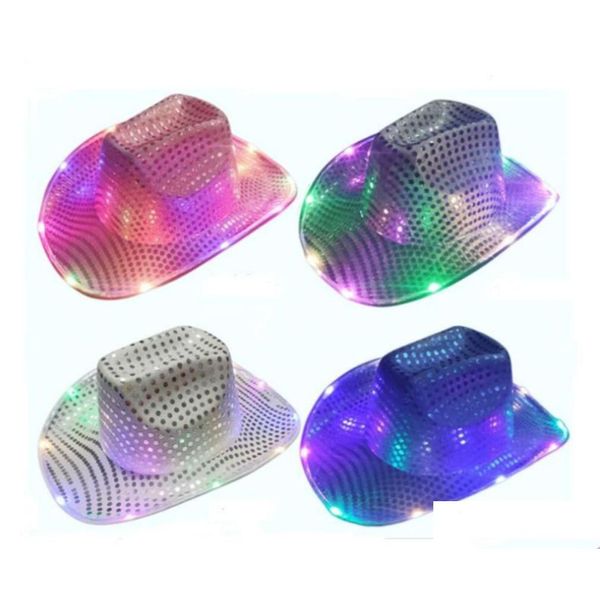 Commercio all'ingrosso Cowgirl Led Cappello Lampeggiante Light Up Sequin Cappelli da cowboy Berretti luminosi Costume di Halloween Fy7970 Consegna di goccia Dhoqh