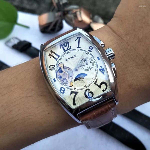 Relógios de pulso de luxo homens relógios mecânicos tonneau dial automático tourbillon montre homme reloj