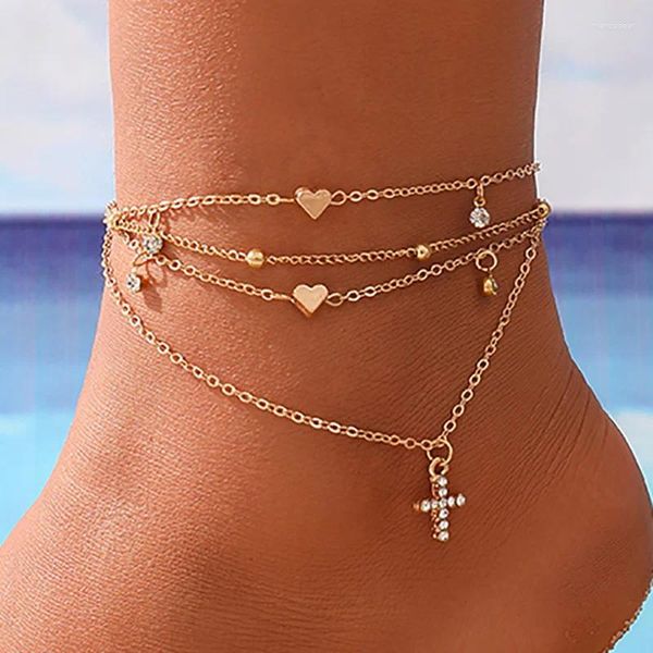 Tornozeleiras em camadas duplas em forma de coração pingente de tornozelo de praia para mulheres para garotas acessórios de pernas jóias de moda
