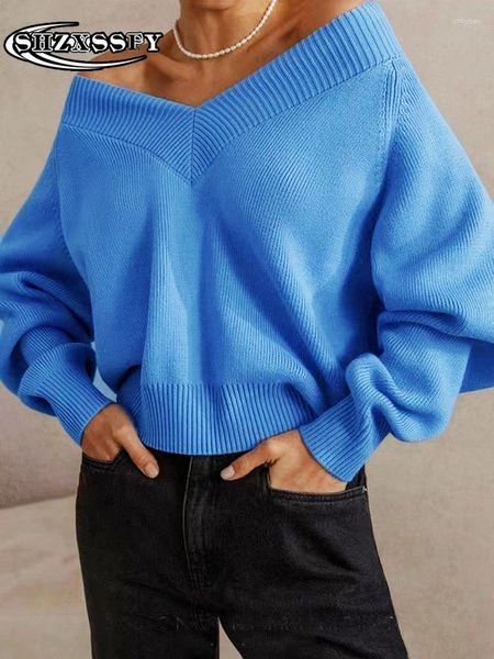 Frauenpullover Pullover Frau Winter 2023 Mode lässig Vintage übergroße weibliche solide V-Ausschnitt Stick Langarm Herbstpullover Frauen