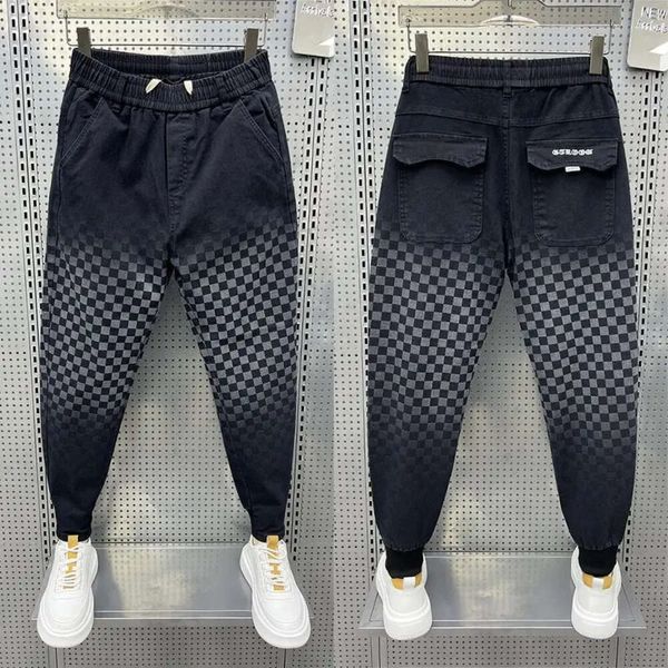 Schwarze karierte Jeans, neue Mode, Straßenhose, Hip-Hop-Haremshose, hochwertige Marken-Herrenbekleidung