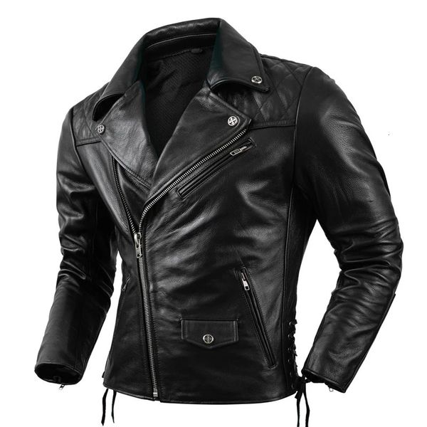 Мужская мотоциклетная куртка с защитой из натуральной кожи, одежда из натуральной воловьей кожи с косой молнией, пальто высокого качества, размер S-5XL 231228