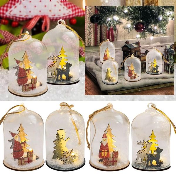 Decorazioni natalizie in legno Babbo Natale Ornamento LED LED Glowing Cabin in miniatura Snow Scene Snow Village House Desktop Decor #T2P