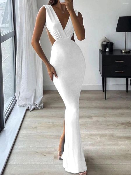 Casual Kleider Sexy Tiefem V-ausschnitt Langes Kleid Backless Kreuz Riemen Bodycon Maxi Für Frauen Party Enge Split Clubwear Vestidos d233