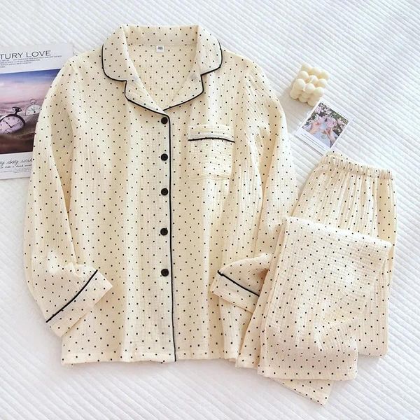 Frauen Nachtwäsche Frauen Baumwolle Crepe Casual Cardigan Frühlings- und Herbst -Pyjamas Langarm Hosen zweiteiliger Dot Homewear -Anzug