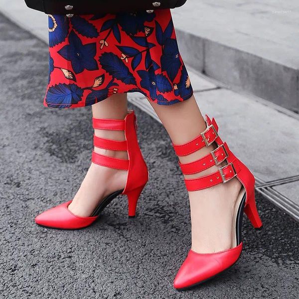Модельные туфли YMECHIC, женские вечерние офисные летние туфли-гладиаторы с ремешком на щиколотке, красные, черные пикантные женские туфли с острым носком