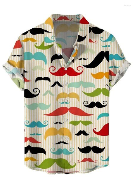 Camisas casuais masculinas bigode havaiano 2023 verão 3d impresso férias praia roupas vintage mulheres lapela blusa camisa simples