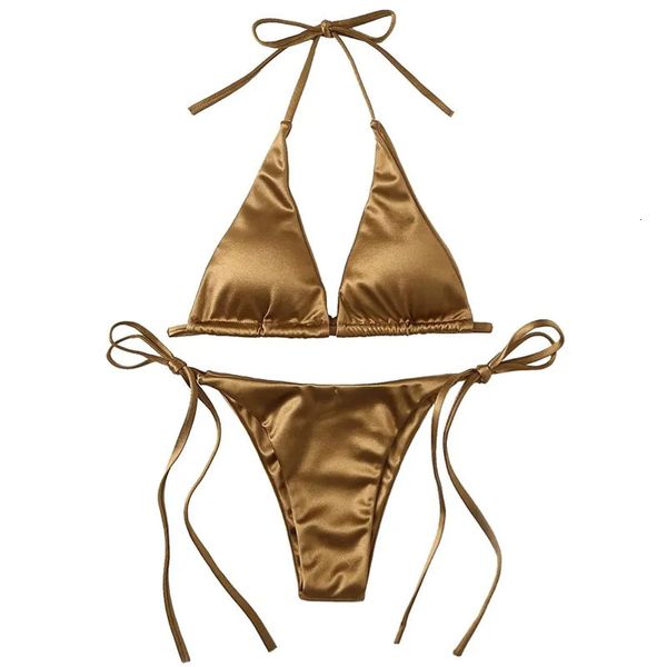 Sexy Frauen metallisch Halfter Top zwei Stück Badeanzug Binde Side Triangle Bikini Sommer Solid Badeanzug Strandbekleidung Set 231227