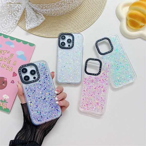 Capa luminosa para iPhone 15 14 13 12 Pro Max Capas que brilham no escuro Glitter Estrela Capa macia anti-queda Moldura de câmera preta sem arranhões 100 unidades