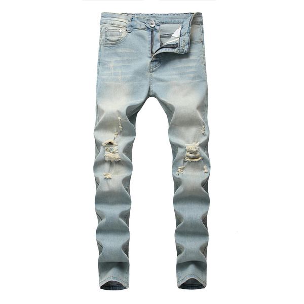 Hochwertige Herren schlampige Fit Stretch Blue Jeans Leichte Luxusloch zerlegtes Dekorieren von Hip Hop Mode Street Jean 231227