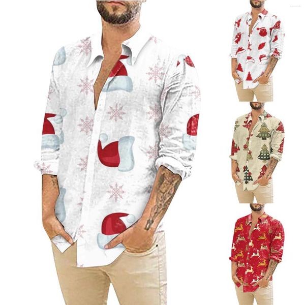 Мужские повседневные рубашки, рождественские топы на пуговицах с длинными рукавами и цветочным принтом, забавная милая классическая рубашка с рисунком, короткая футболка для мужчин