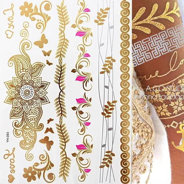 Temporäre Tattoos 1 Blatt Flash Boho Metallic Gold Feathers Shimmering Jewellery Festival Tattoo 231208