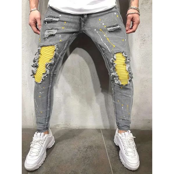 Männer lässig kreative Streetstyle High Stretch Paint Splatter Ripped Design Slim Fit Jeans Denimhose für den Frühling Sommer