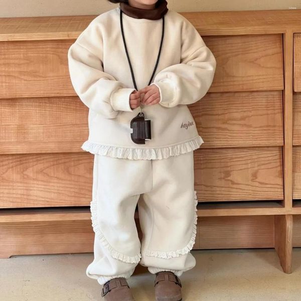 Kleidung Sets Kinder Set Koreanische Stil 2023 Winter Mädchen Anzug Spitze Fleece Warme Hoodie Hosen Casual Einfache Zwei Stück