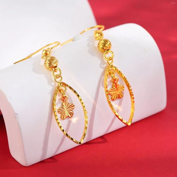 Dangle Ohrringe Luxus 18k Gelbgold Farbe Braut Blütenblatt Ohrring für Frauen Vietnam Sand Hollow Fine Juwely Geschenke