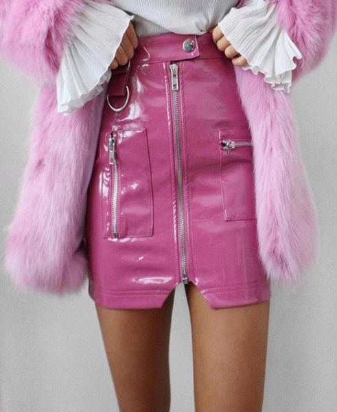 Saia elegante feminina de couro falso cintura alta lápis saias de alta qualidade botão rosa sexy festa magro split zíper mini saia16201092
