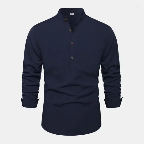 Camisas casuais masculinas Menas de moda de colarinho de colar de colar de colar linho de algodão henley manga longa praia